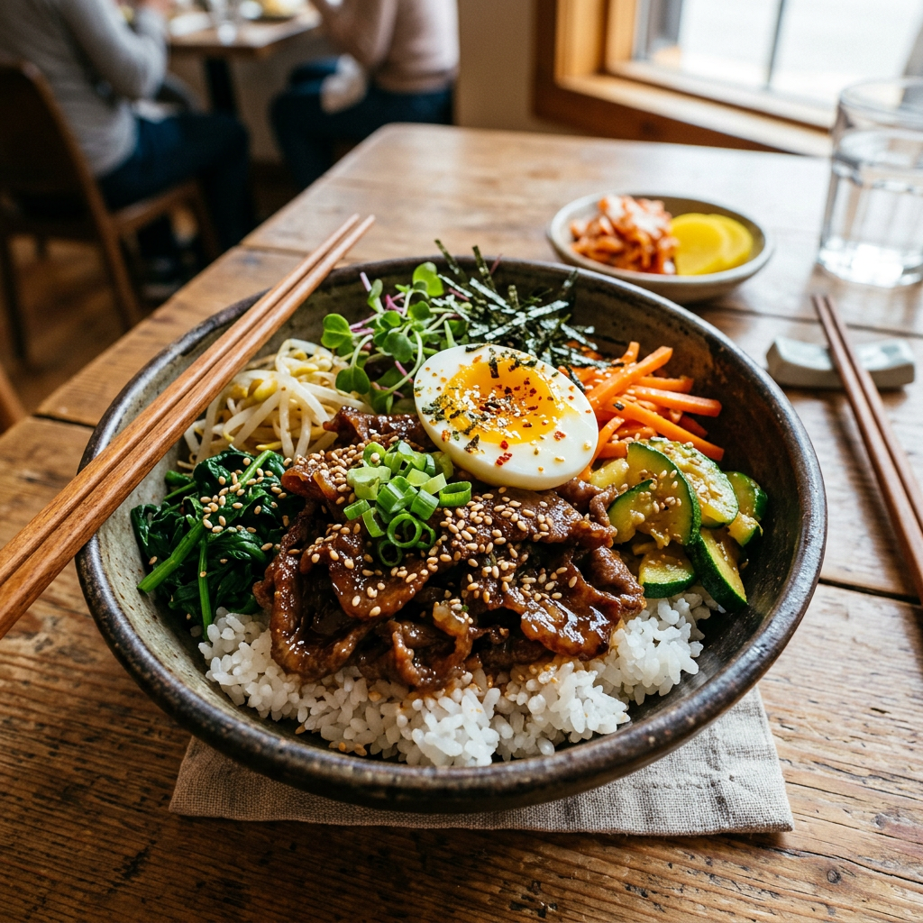 Bowl of bibimbap with rice, marinated beef, spinach, bean sprouts, carrots, zucchini, seaweed, sprouts, and half a soft-boiled egg