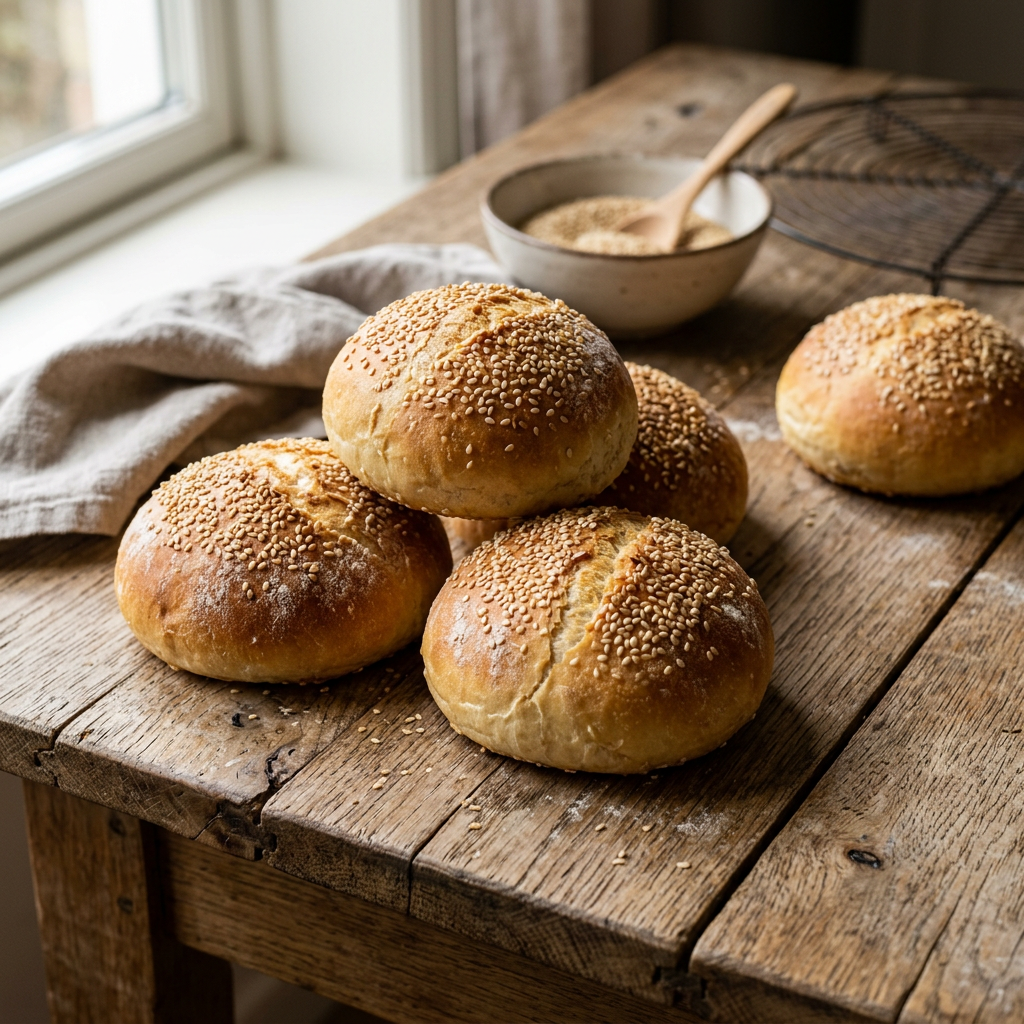 Five golden brown sesame seed bread rolls on a wooden table with a bowl of sesame seeds
