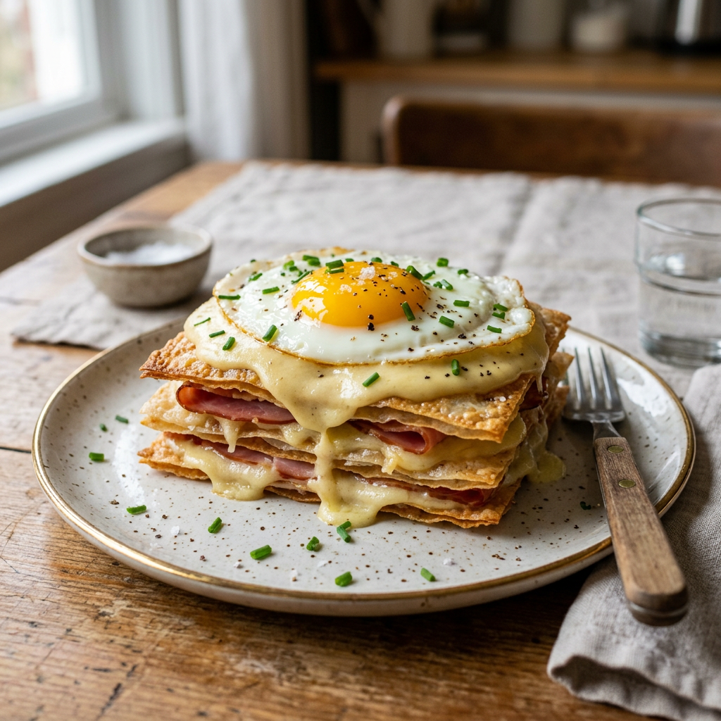 Layered crispy ham and cheese stack topped with fried egg and chopped chives on a speckled plate