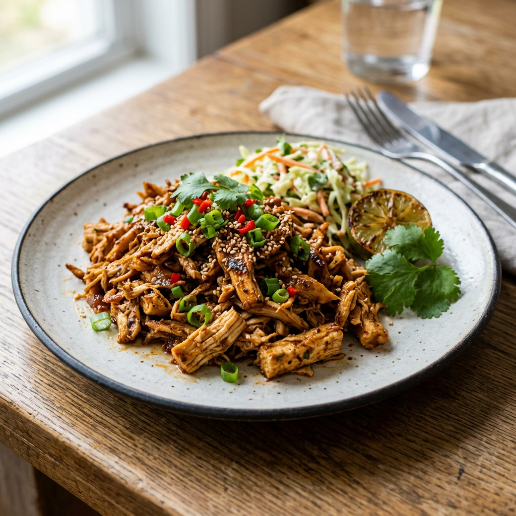 Spicy pulled jackfruit topped with sesame seeds, green onions, and red chili slices with a side of coleslaw and grilled lime