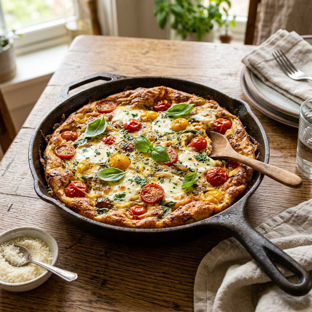 Tomato and cheese frittata with basil leaves in a cast iron skillet