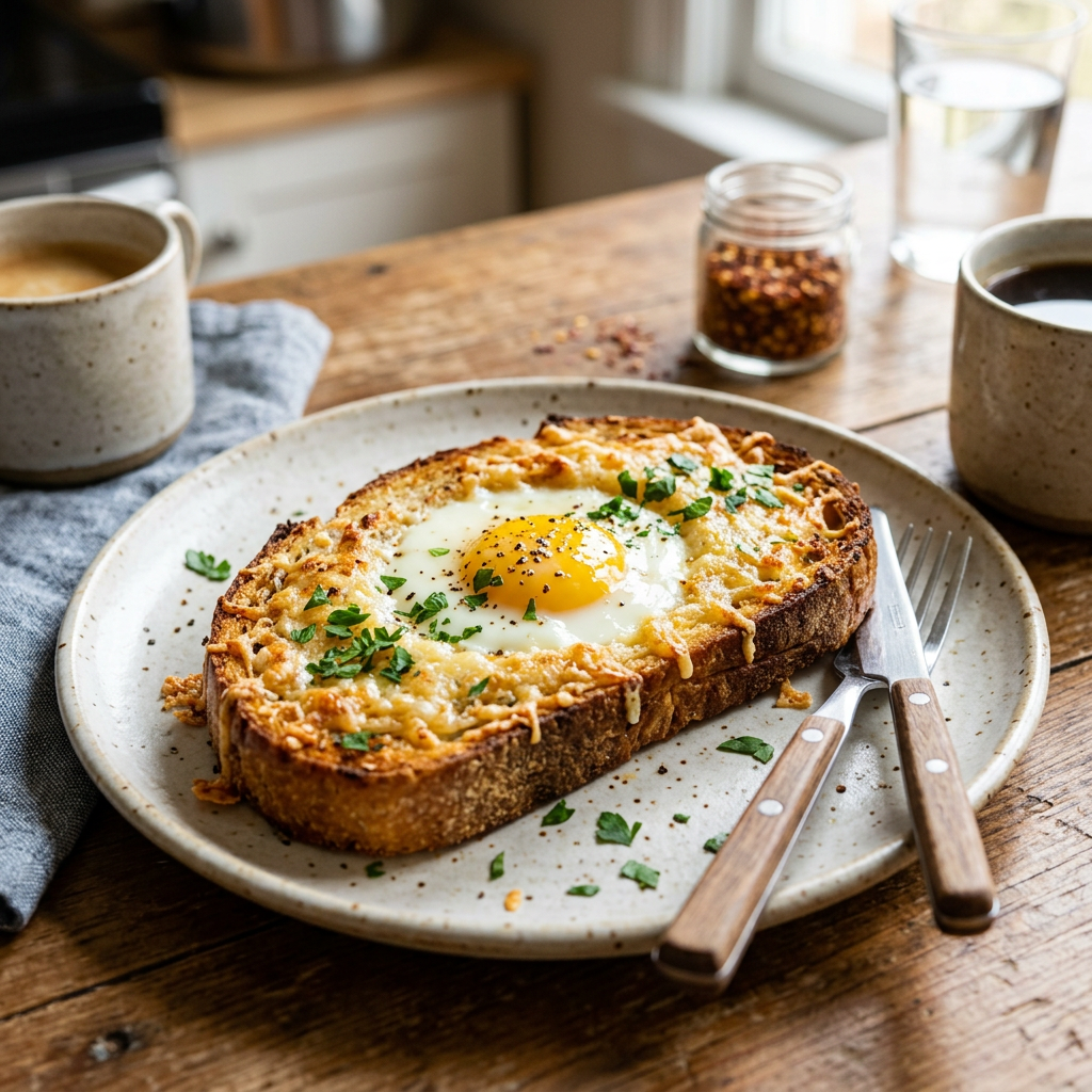 Toast with baked egg in the center topped with melted cheese and chopped herbs