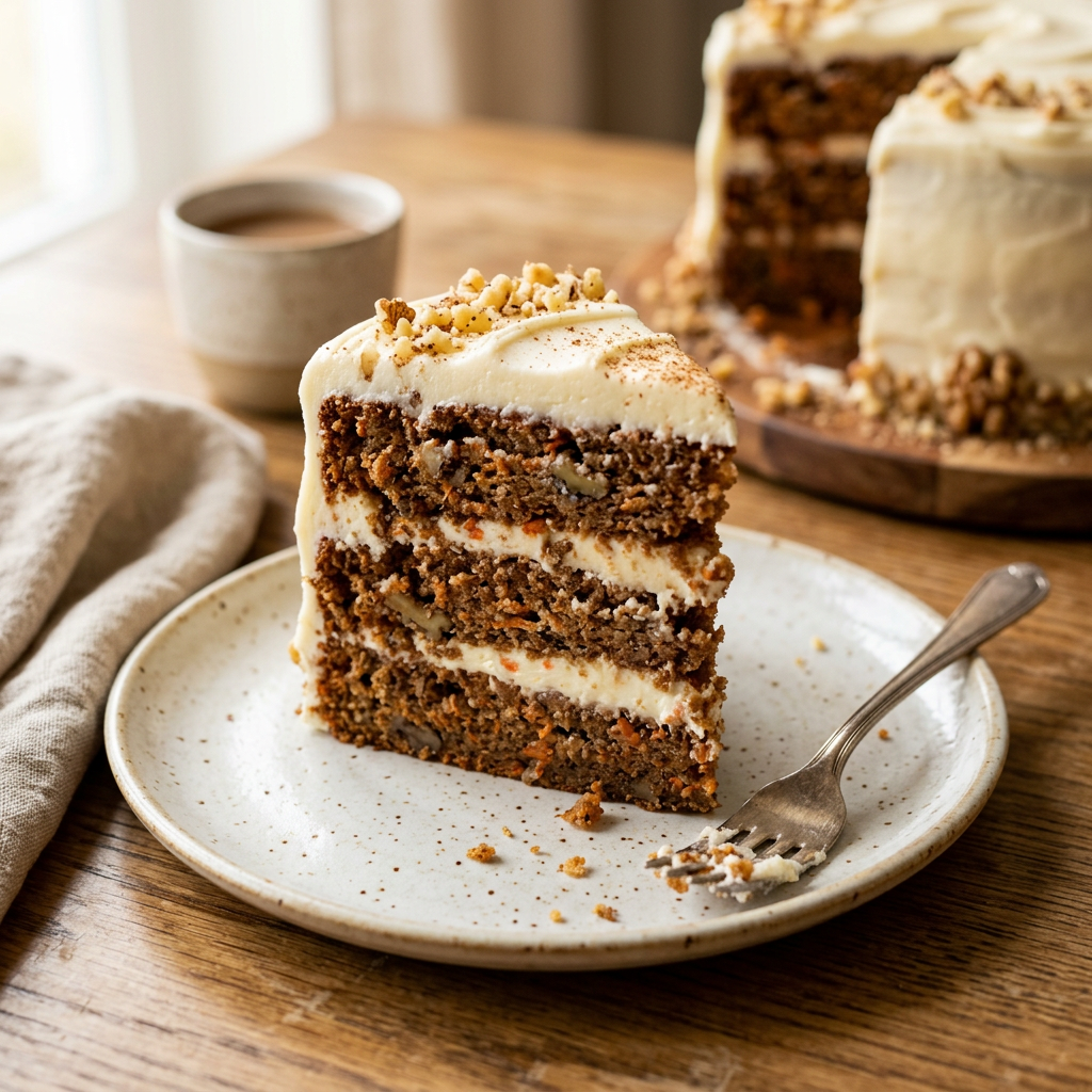 Slice of three-layer carrot cake with cream cheese frosting and walnuts on white plate with fork