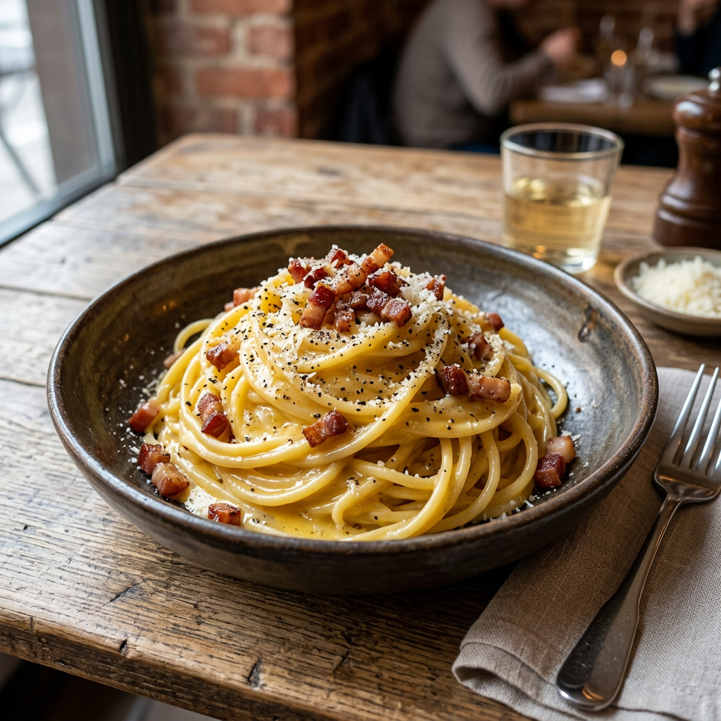 Creamy pasta carbonara with crispy pancetta and black pepper in a rustic bowl